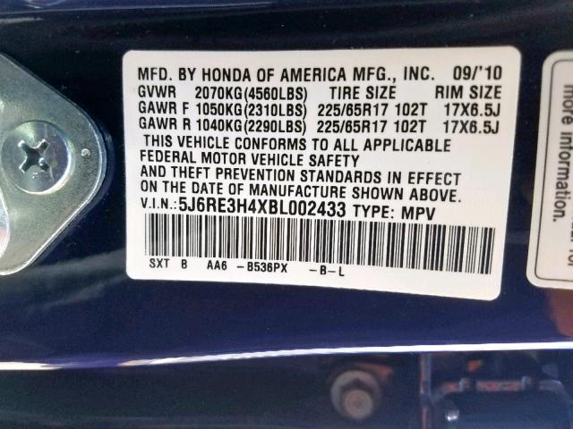 5J6RE3H4XBL002433 - 2011 HONDA CR-V SE BLUE photo 10