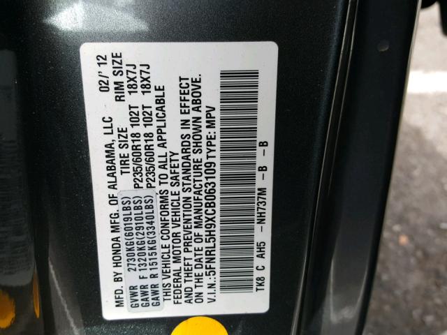 5FNRL5H9XCB063109 - 2012 HONDA ODYSSEY TO CHARCOAL photo 10