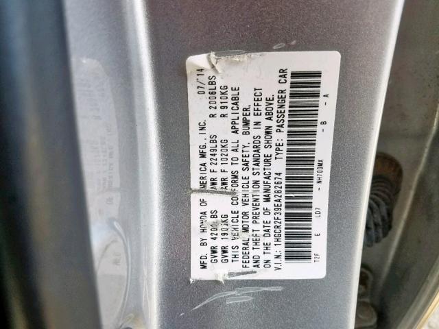 1HGCR2F39EA282674 - 2014 HONDA ACCORD LX SILVER photo 10