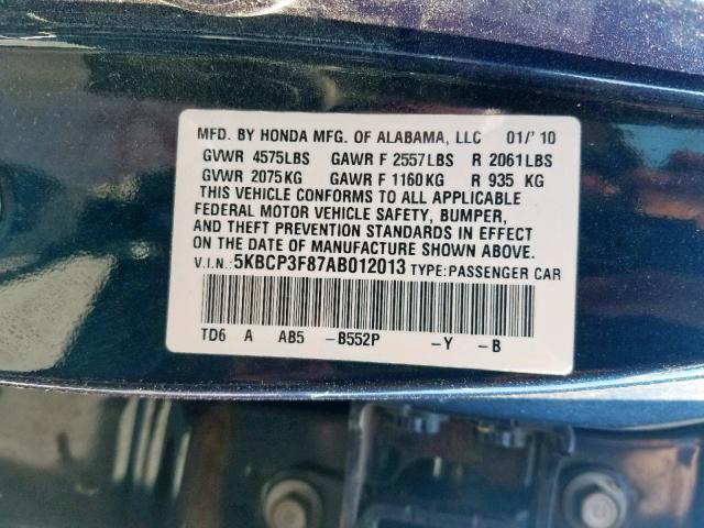 5KBCP3F87AB012013 - 2010 HONDA ACCORD EXL BLUE photo 10