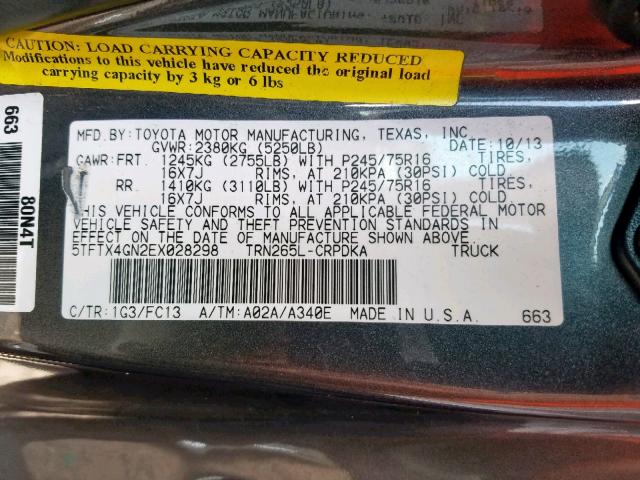 5TFTX4GN2EX028298 - 2014 TOYOTA TACOMA PRE GRAY photo 10