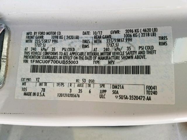 1FMCU0F70DUB55003 - 2013 FORD ESCAPE S WHITE photo 10