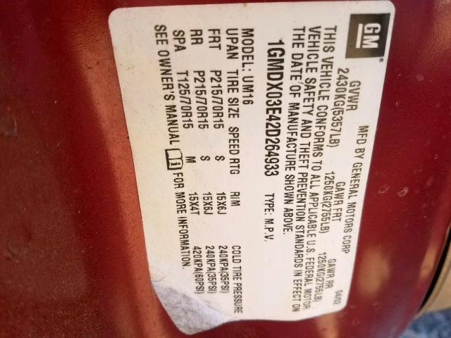 1GMDX03E42D264933 - 2002 PONTIAC MONTANA RED photo 10