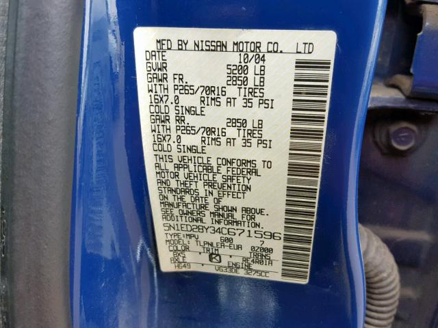 5N1ED28Y34C671596 - 2004 NISSAN XTERRA XE BLUE photo 10