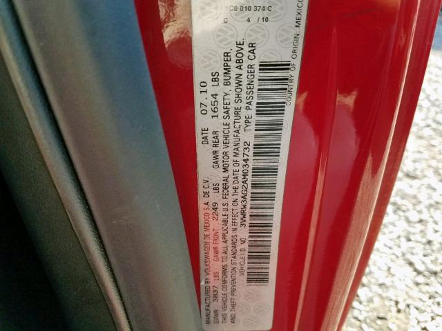 3VWRW3AG2AM034732 - 2010 VOLKSWAGEN NEW BEETLE წითელი ფოტო 10