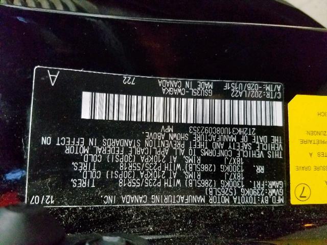 2T2HK31U08C092353 - 2008 LEXUS RX 350 BLACK photo 10