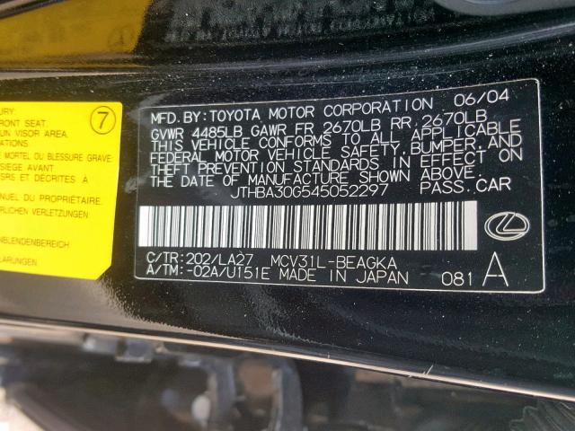 JTHBA30G545052297 - 2004 LEXUS ES 330 BLACK photo 10