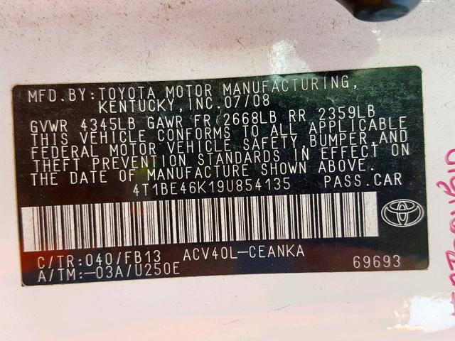 4T1BE46K19U854135 - 2009 TOYOTA CAMRY BASE WHITE photo 10