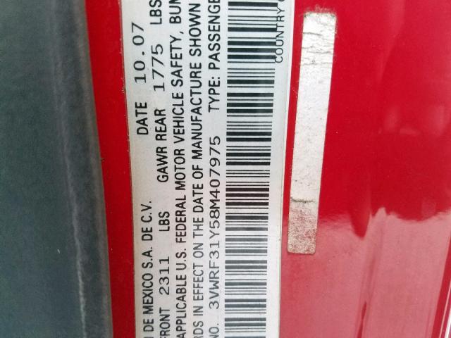 3VWRF31Y58M407975 - 2008 VOLKSWAGEN NEW BEETLE RED photo 10