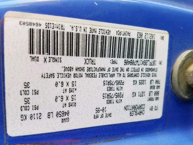 1B7FL26X1TW708406 - 1996 DODGE DAKOTA BLUE photo 10