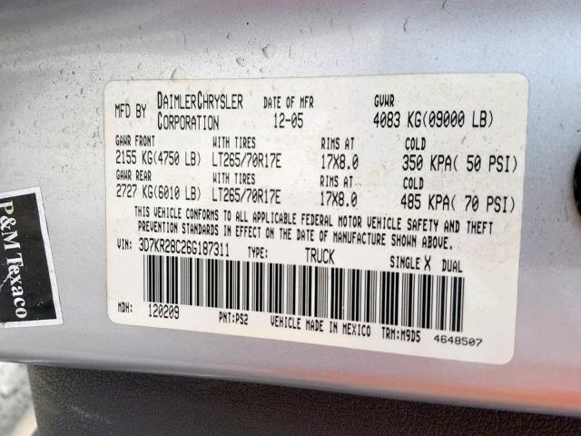 3D7KR28C26G187311 - 2006 DODGE RAM 2500 S Արծաթագույն լուսանկար 10