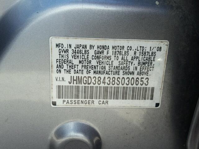 JHMGD38438S030653 - 2008 HONDA FIT SILVER photo 10