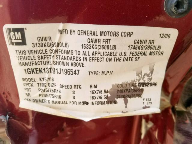 1GKEK13T91J196547 - 2001 GMC YUKON MAROON photo 10