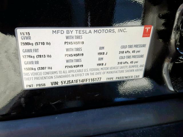 5YJSA1E14FF116177 - 2015 TESLA MODEL S أسود صورة 10