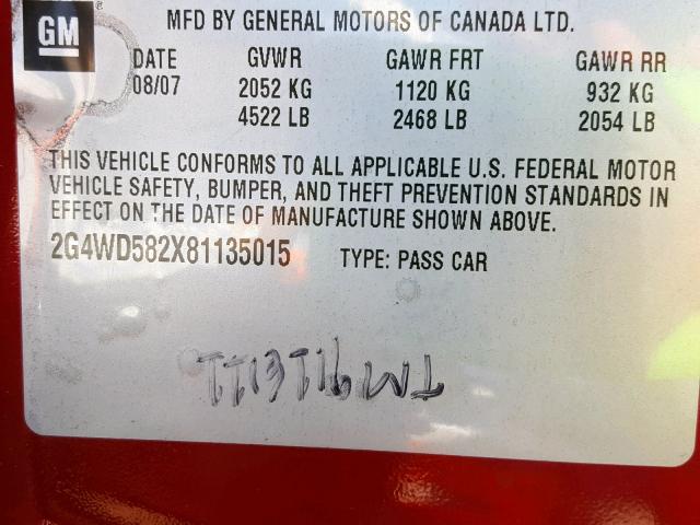 2G4WD582X81135015 - 2008 BUICK LACROSSE C RED photo 10