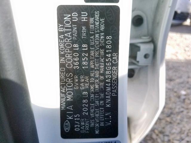 KNADM4A38G6541808 - 2016 KIA RIO LX WHITE photo 10