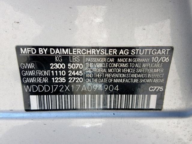 WDDDJ72X17A094904 - 2007 MERCEDES-BENZ CLS 550 SILVER photo 10