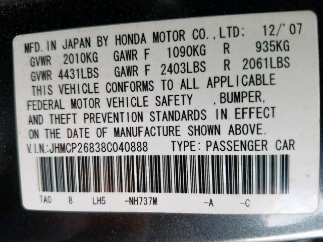 JHMCP26838C040888 - 2008 HONDA ACCORD EXL GRAY photo 10