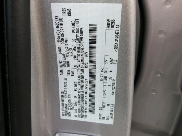 1FMCU0F7XHUD29021 - 2017 FORD ESCAPE S SILVER photo 10