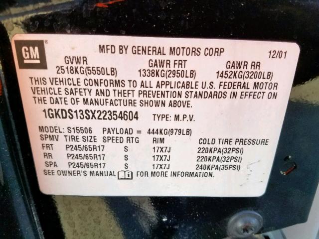 1GKDS13SX22354604 - 2002 GMC ENVOY BLACK photo 10