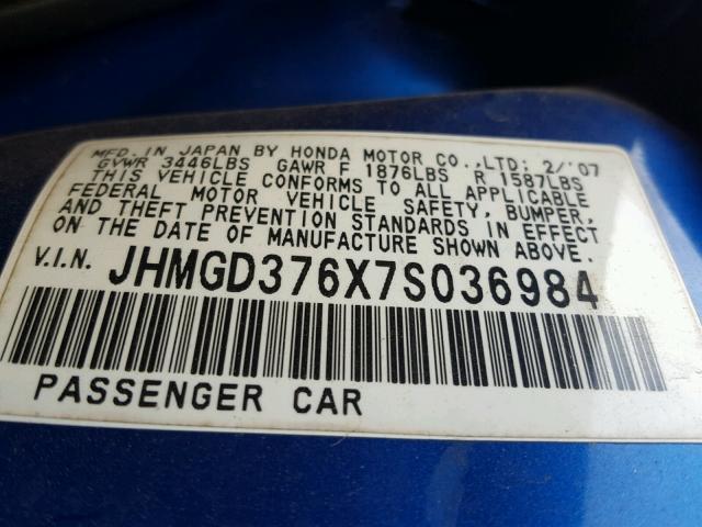 JHMGD376X7S036984 - 2007 HONDA FIT S 蓝色 照片 10