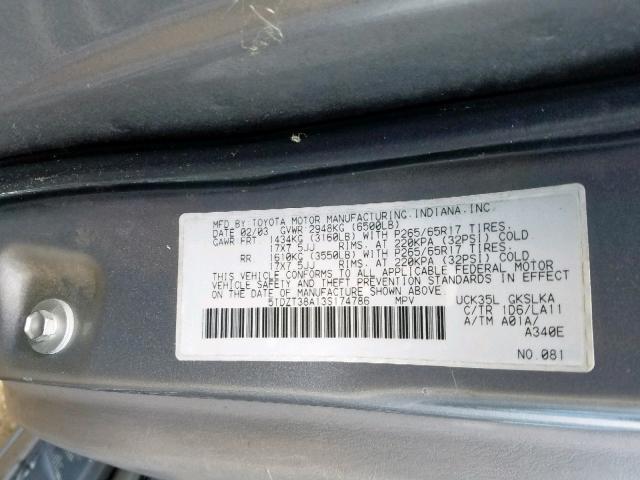 5TDZT38A13S174786 - 2003 TOYOTA SEQUOIA LI GRAY photo 10