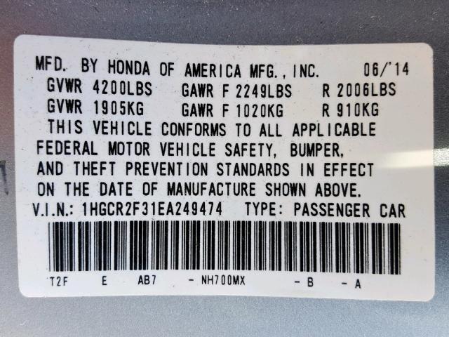 1HGCR2F31EA249474 - 2014 HONDA ACCORD LX SILVER photo 10