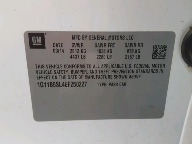 1G11B5SL4EF250227 - 2014 CHEVROLET MALIBU LS 白色 照片 10