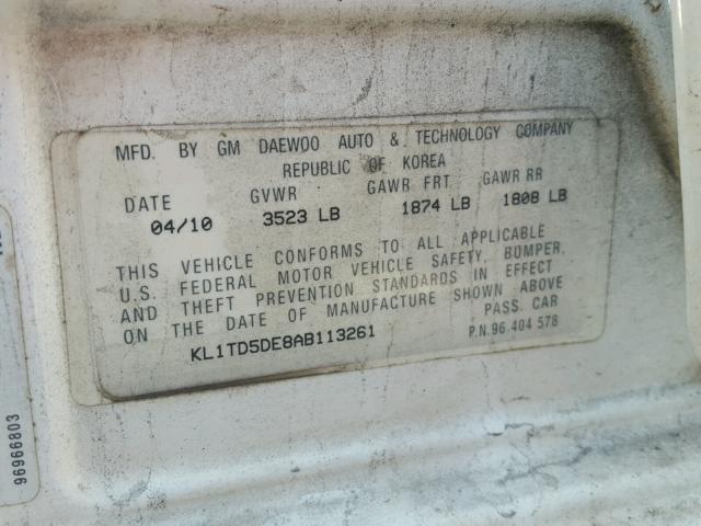 KL1TD5DE8AB113261 - 2010 CHEVROLET AVEO LS WHITE photo 10