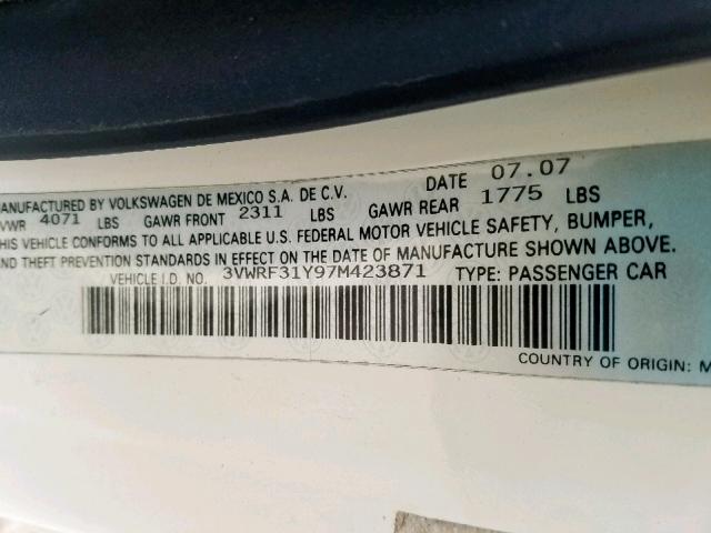 3VWRF31Y97M423871 - 2007 VOLKSWAGEN NEW BEETLE Bej foto 10