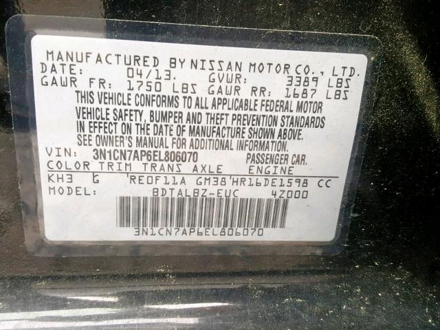 3N1CN7AP6EL806070 - 2014 NISSAN VERSA S BLACK photo 10