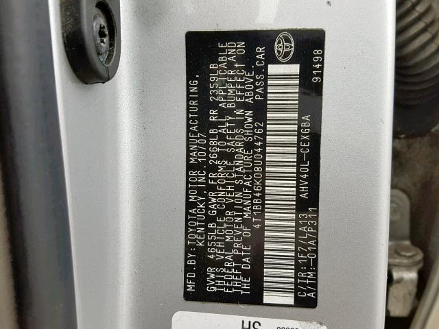 4T1BB46K08U044762 - 2008 TOYOTA CAMRY HYBR SILVER photo 10