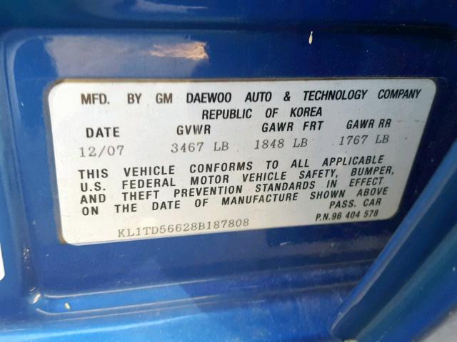 KL1TD56628B187808 - 2008 CHEVROLET AVEO BASE ლურჯი ფოტო 10