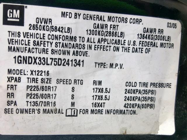 1GNDX33L75D241341 - 2005 CHEVROLET UPLANDER L 绿色 照片 10