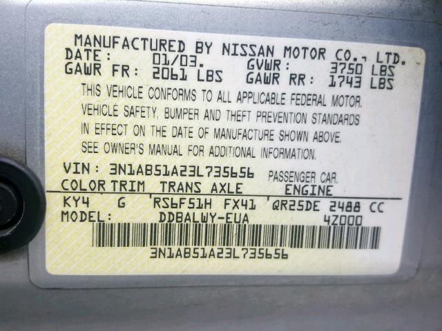 3N1AB51A23L735656 - 2003 NISSAN SENTRA SE- GRAY photo 10