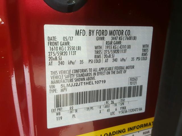 5LMJJ2JT1HEL10719 - 2017 LINCOLN NAVIGATOR RED photo 10