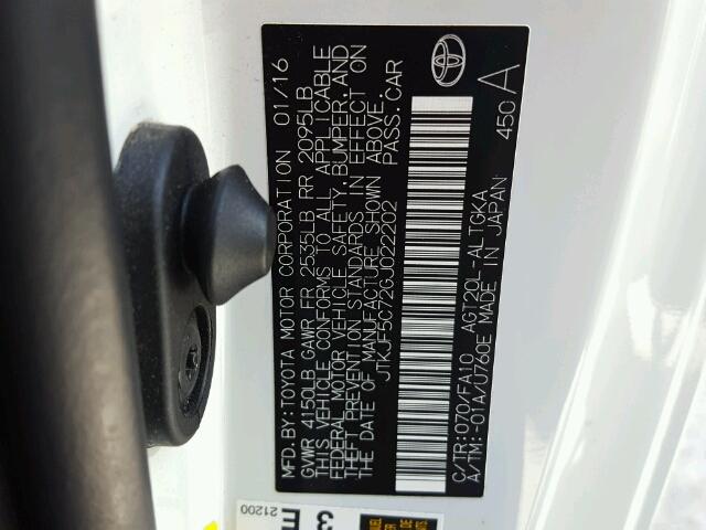 JTKJF5C72GJ022202 - 2016 TOYOTA SCION TC 白色 照片 10