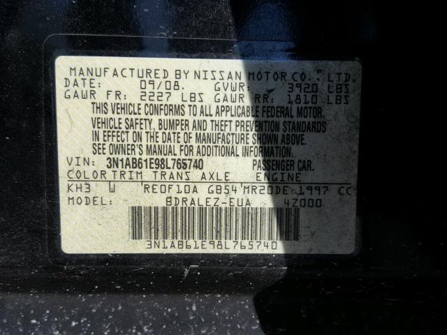 3N1AB61E98L765740 - 2008 NISSAN SENTRA 2.0 BLACK photo 10