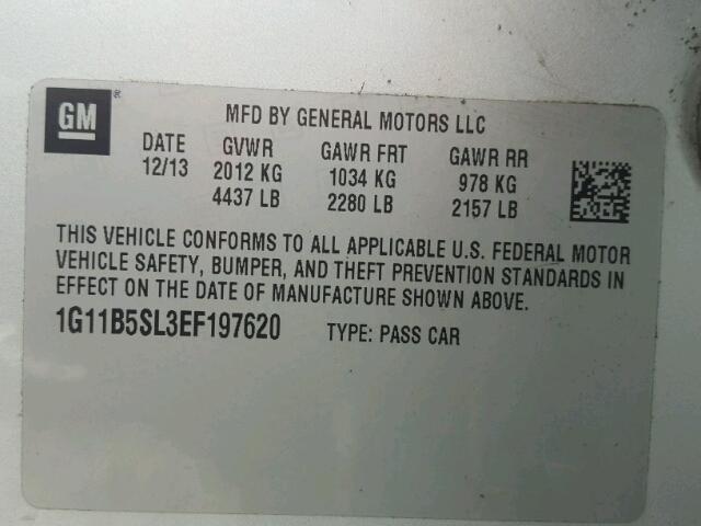1G11B5SL3EF197620 - 2014 CHEVROLET MALIBU LS 银色 照片 10
