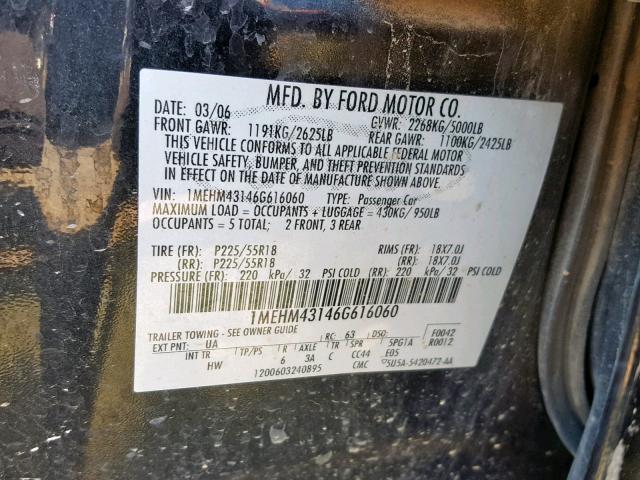 1MEHM43146G616060 - 2006 MERCURY MONTEGO PR 黑色 照片 10