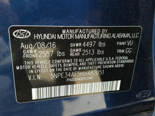 5NPE34AF5HH482051 - 2017 HYUNDAI SONATA SPO BLUE photo 10