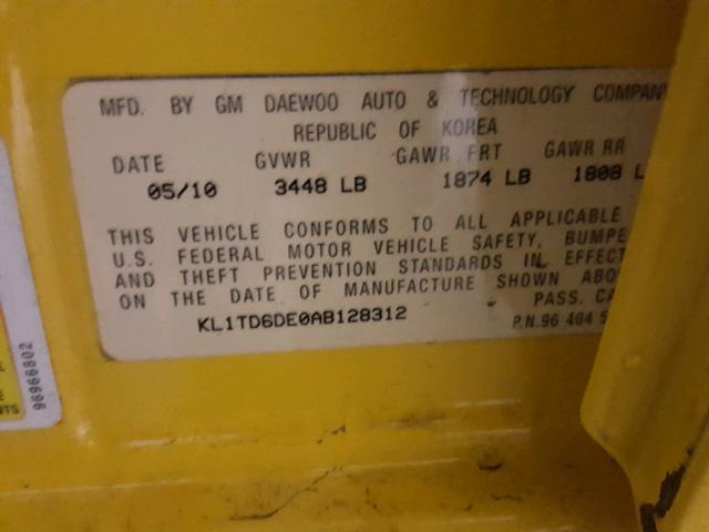 KL1TD6DE0AB128312 - 2010 CHEVROLET AVEO LS YELLOW photo 10
