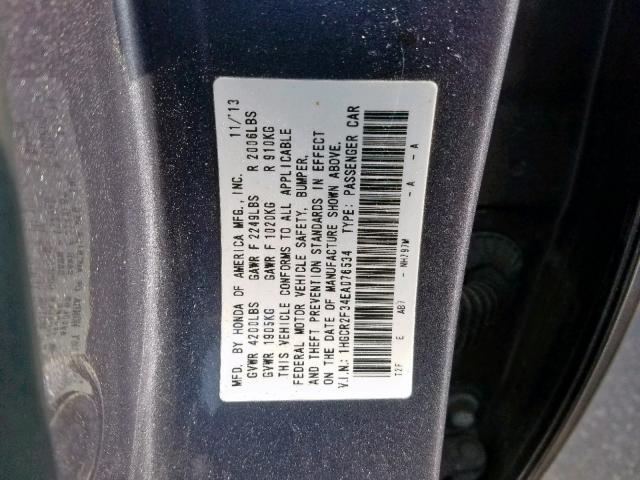 1HGCR2F34EA076534 - 2014 HONDA ACCORD LX GRAY photo 10