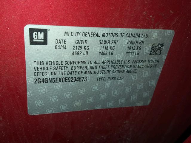 2G4GN5EX0E9294673 - 2014 BUICK REGAL PREM BURGUNDY photo 10