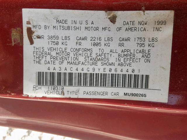 4A3AC44G9YE064401 - 2000 MITSUBISHI ECLIPSE GS MAROON photo 10