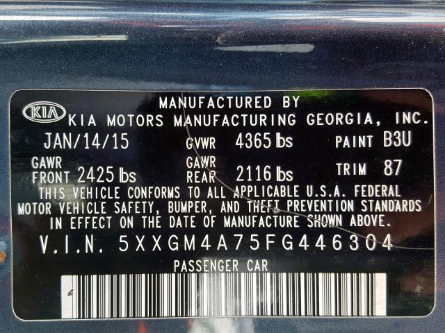 5XXGM4A75FG446304 - 2015 KIA OPTIMA LX GRAY photo 10