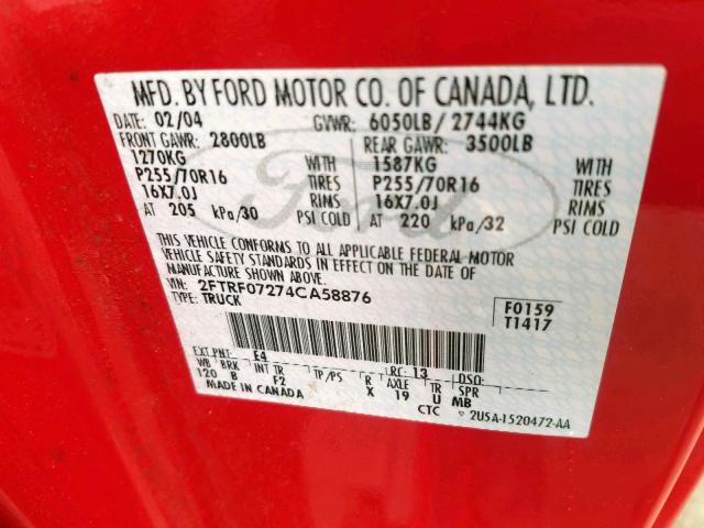 2FTRF07274CA58876 - 2004 FORD F-150 HERI RED photo 10