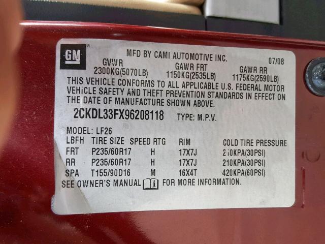 2CKDL33FX96208118 - 2009 PONTIAC TORRENT RED photo 10