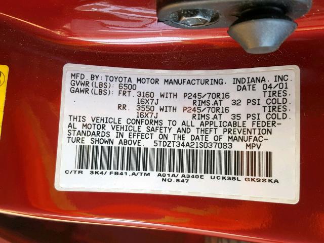 5TDZT34A21S037083 - 2001 TOYOTA SEQUOIA SR RED photo 10