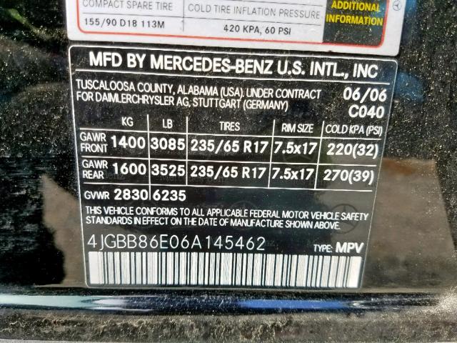 4JGBB86E06A145462 - 2006 MERCEDES-BENZ ML 350 BLACK photo 10